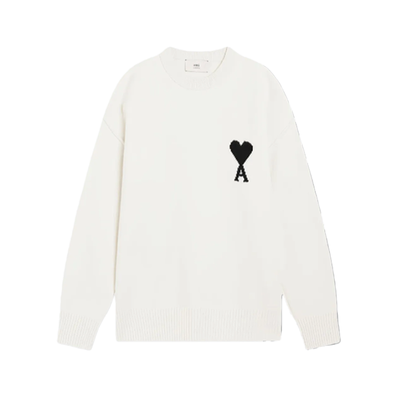 Heart Jacquard Crew Neck Sweater - Beige