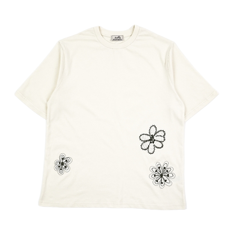 Off-White Openwork Wool Embroidery Crew-Neck Short-Sleeve Top