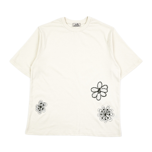 Off-White Openwork Wool Embroidery Crew-Neck Short-Sleeve Top