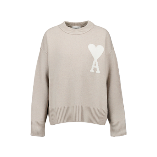 Heart-patterned Jacquard Crew Neck Sweater In Khaki And White
