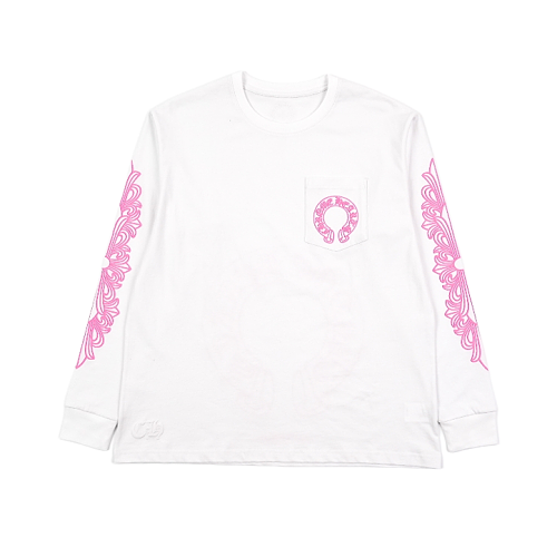 Crucifix Sleeve Sanskrit Scroll Print Long Sleeve - White Pink