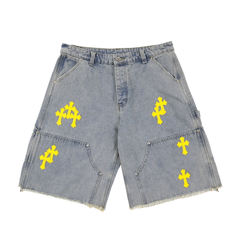 Cross-patterned Leather Patch Embroidered Workwear Denim Shorts