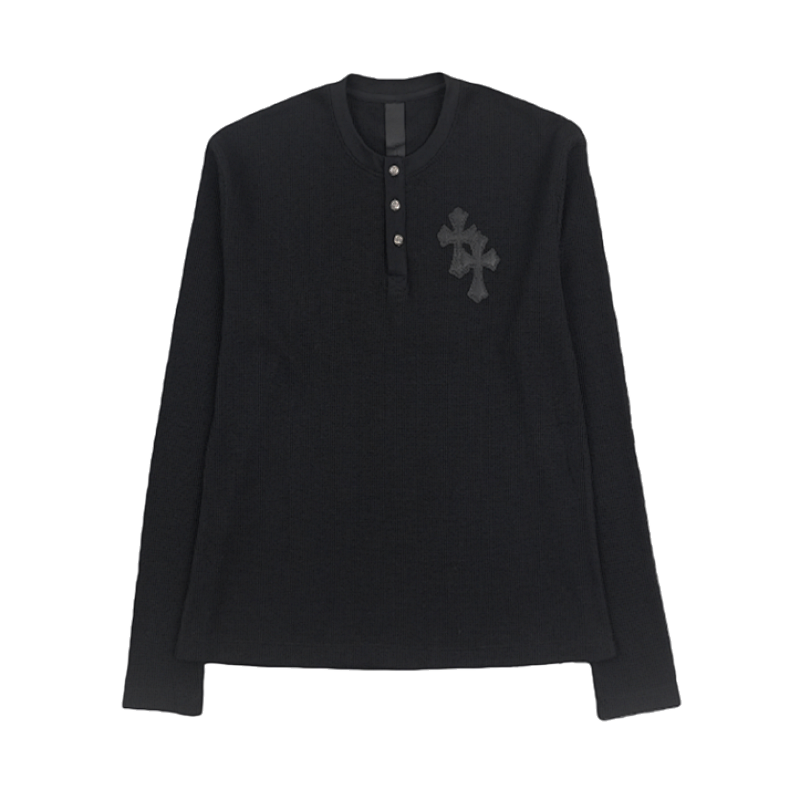 Henley Collar Patchwork Leather Sweatshirt With Silver Buttons
