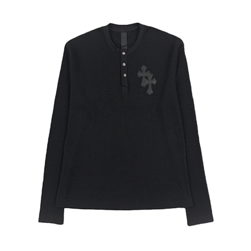 Henley Collar Patchwork Leather Sweatshirt With Silver Buttons