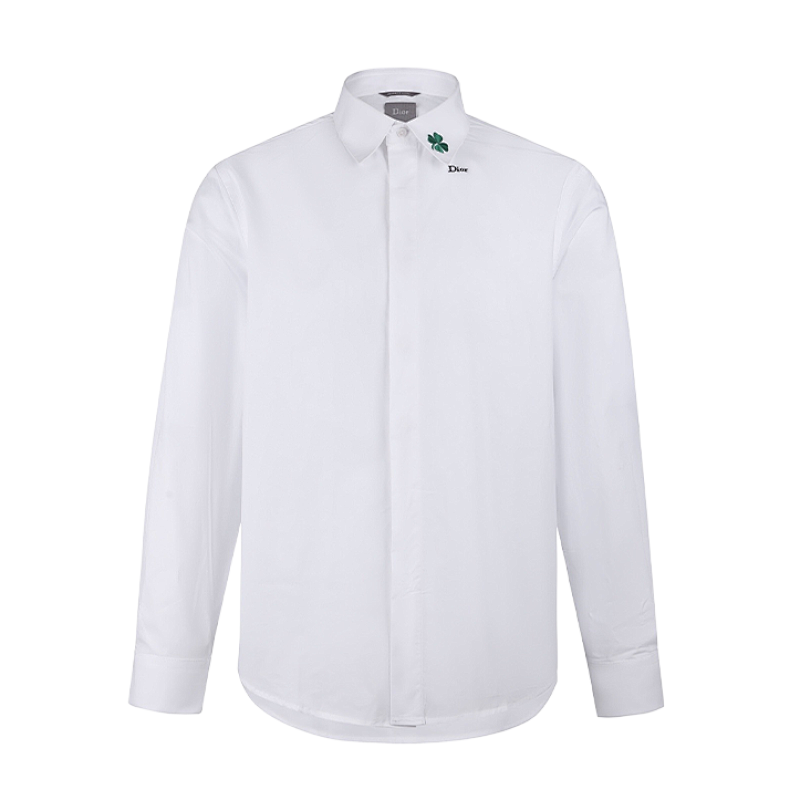 Four-Leaf Clover Embroidered Long-Sleeve Collared Shirt