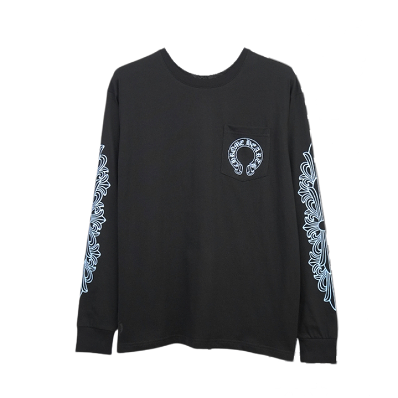 Crucifix Sleeve Sanskrit Scroll Print Long Sleeve - Black Blue
