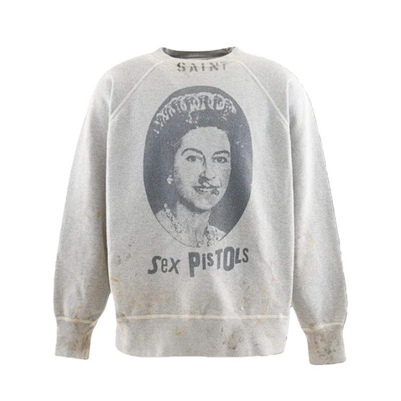 Queen Elizabeth Distressed Print Crew Neck Sweatshirt