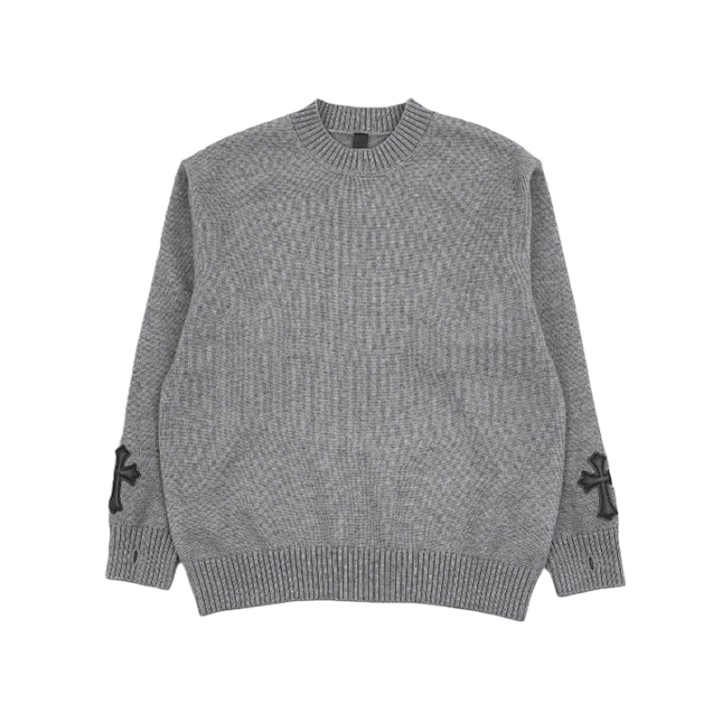Cross Leather Label Intarsia Crew Neck Sweater