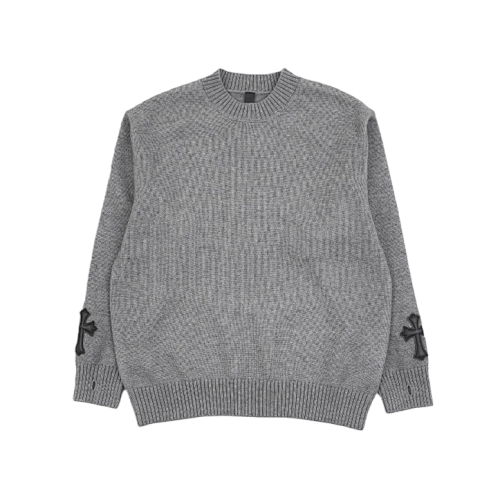 Cross Leather Label Intarsia Crew Neck Sweater