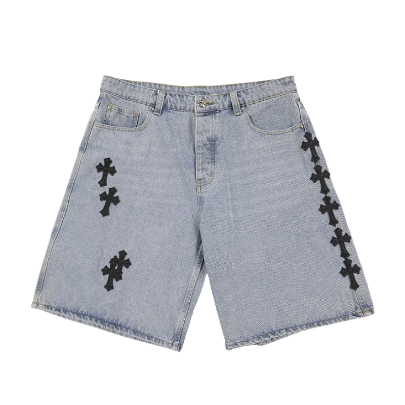 Cross Leather Patch Embroidered Workwear Denim Shorts