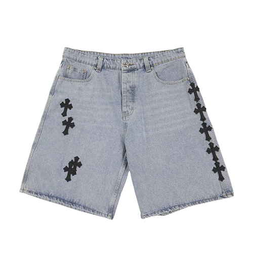 Cross Leather Patch Embroidered Workwear Denim Shorts