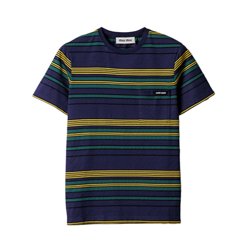 Yellow Green And Blue Striped Crew-Neck Short-Sleeve Top