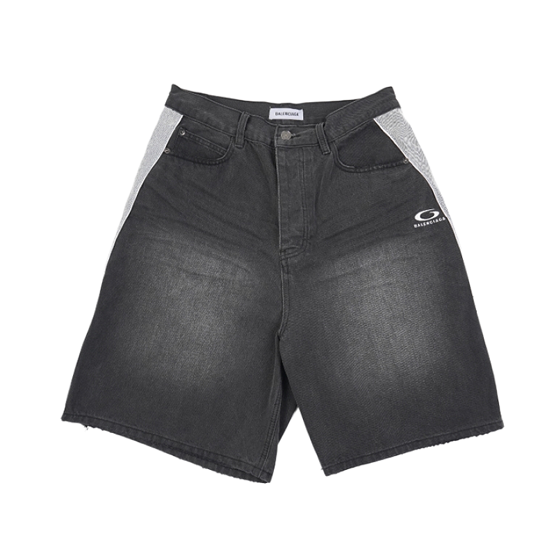 Denim Shorts With Slanted Gray Stripe Piping