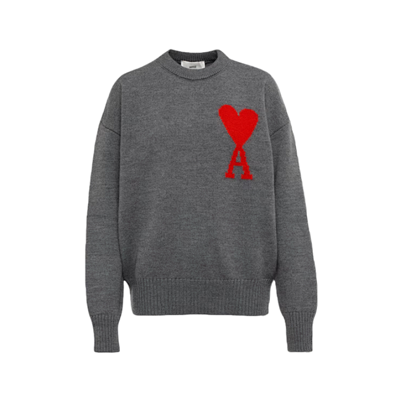 Heart Jacquard Crew Neck Sweater - Grayish Red
