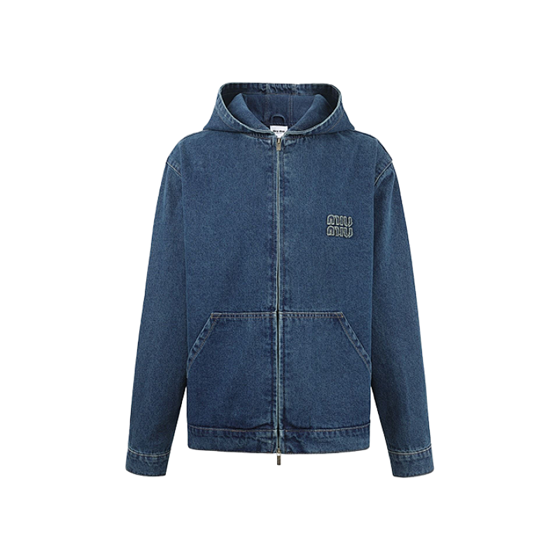 Hooded Embroidered Solid Color Long-Sleeve Zip-Up Denim Jacket
