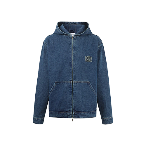 Hooded Embroidered Solid Color Long-Sleeve Zip-Up Denim Jacket