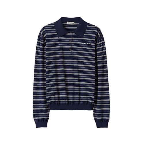 Miu Logo Lettering Striped Long-sleeved Polo Shirt