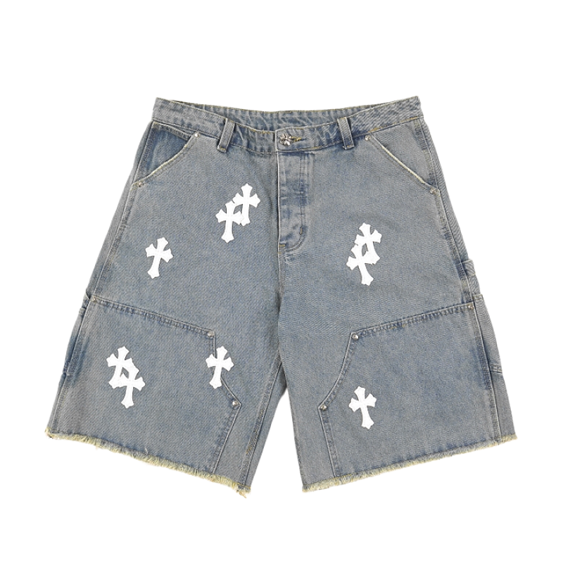 Cross Leather Patch Embroidered Workwear Denim Shorts