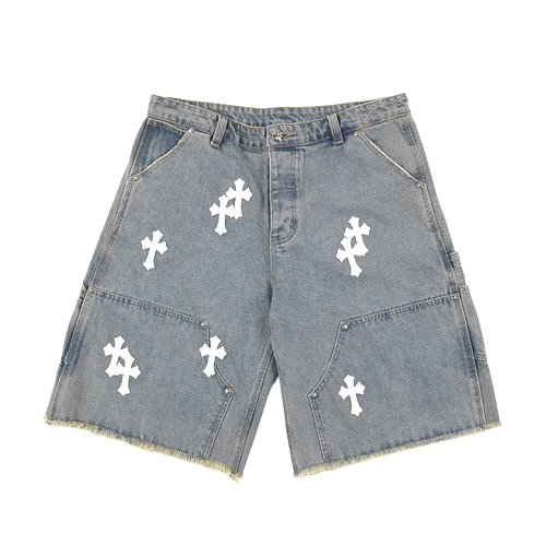 Cross Leather Patch Embroidered Workwear Denim Shorts