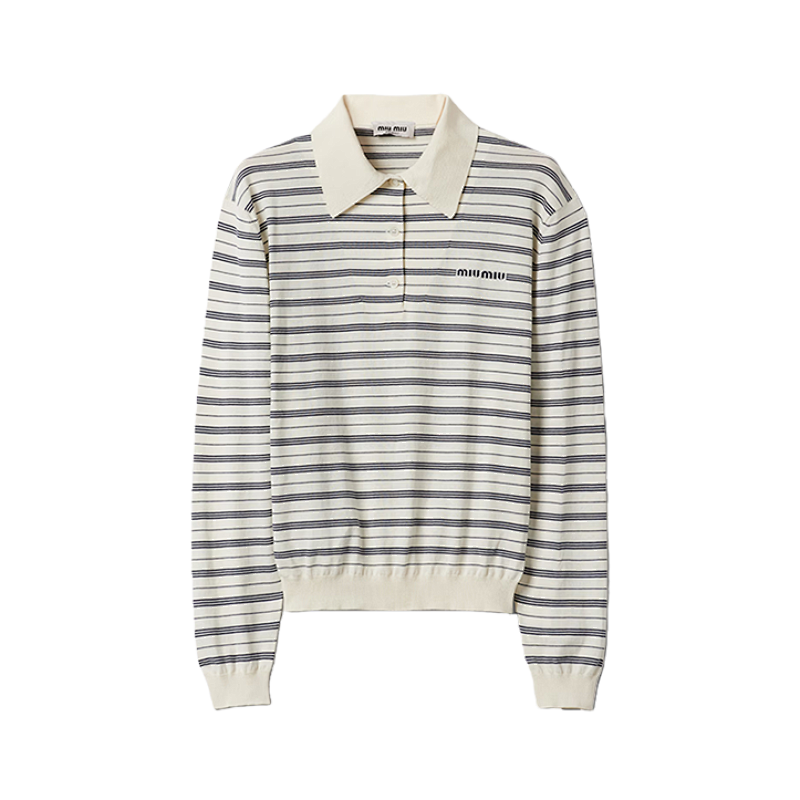 Miu LogoLettered Striped Long-sleeved Polo Shirt