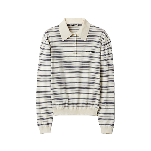 Miu LogoLettered Striped Long-sleeved Polo Shirt