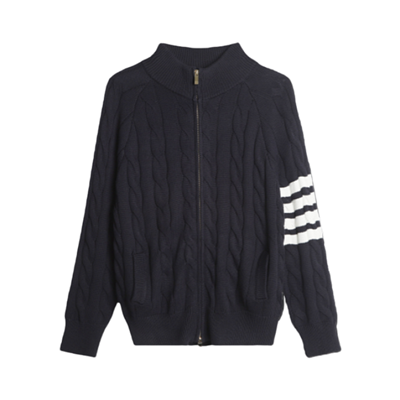 TB Four-Bar Cable Knit Sweater Cardigan Navy Blue