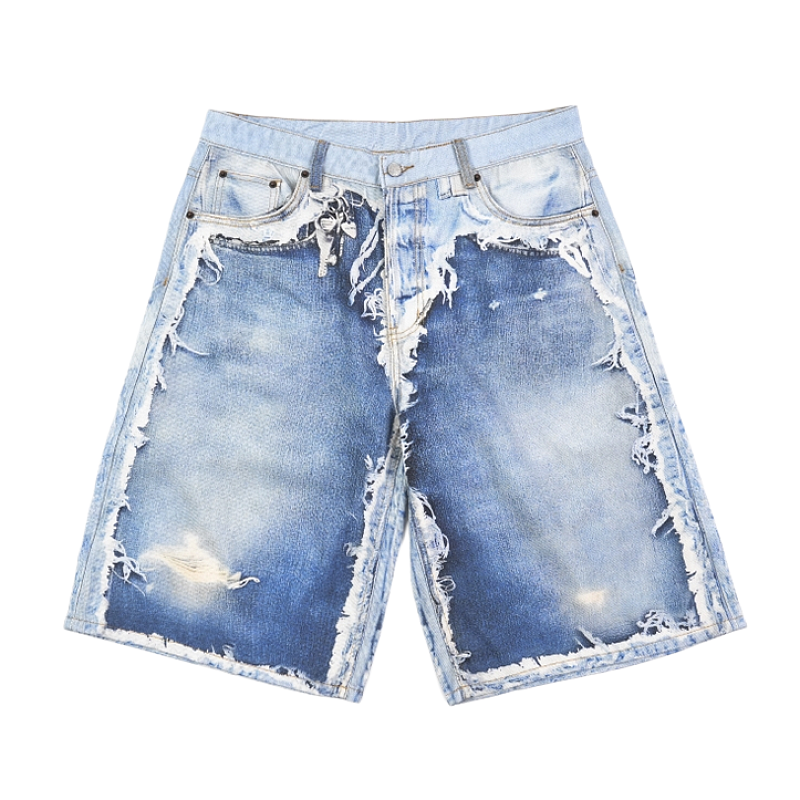 Acne Studios Series Printed Patchwork Frayed Edge Denim Shorts