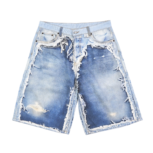 Acne Studios Series Printed Patchwork Frayed Edge Denim Shorts