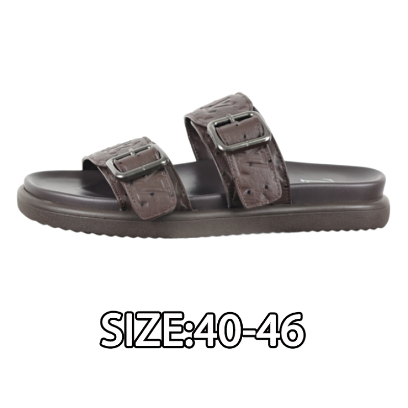 Louis Vuitton Men's Brown Cowhide Ostrich Pattern Round Toe Slip-on Sandals With Buckle