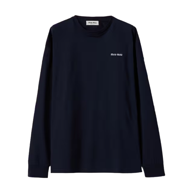Miu Small Embroidery Round Neck Bottoming Shirt Navy Blue