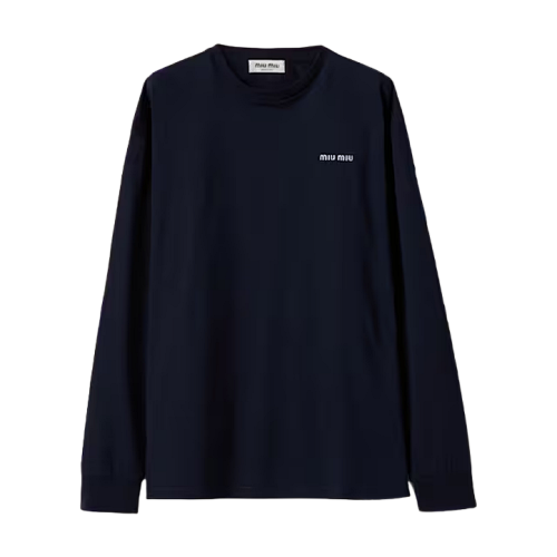 Miu Small Embroidery Round Neck Bottoming Shirt Navy Blue