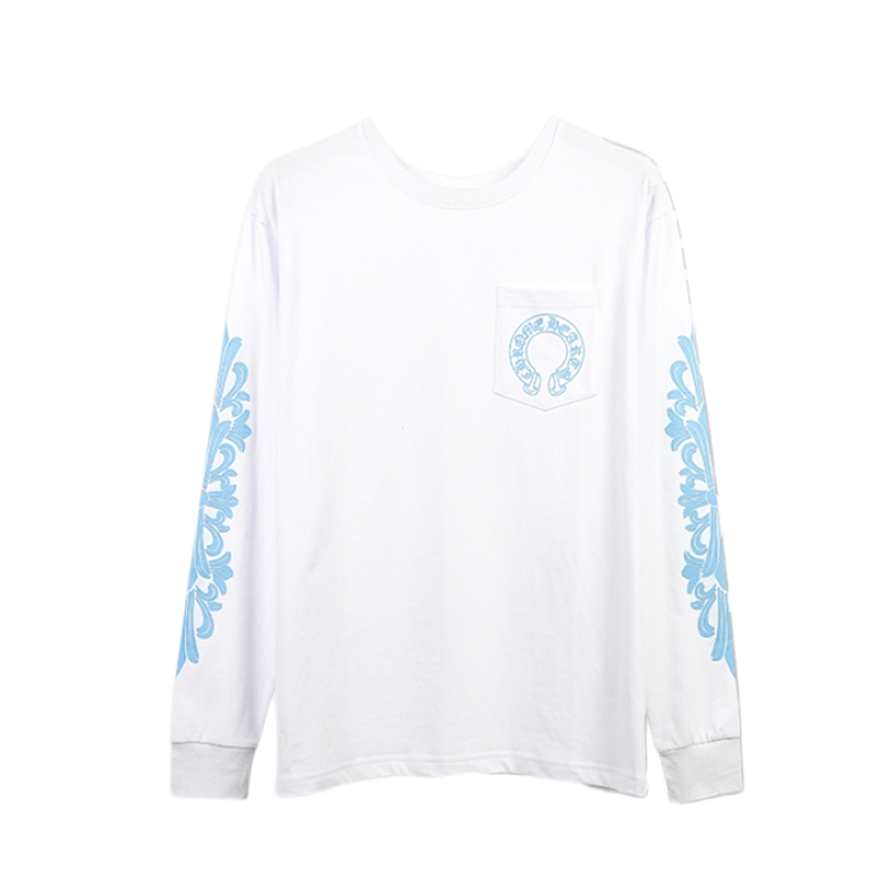 Crucifix Sleeve Sanskrit Scroll Print Long Sleeve - White Blue