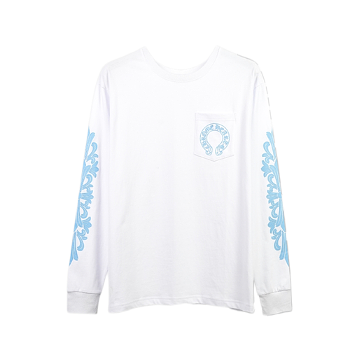 Crucifix Sleeve Sanskrit Scroll Print Long Sleeve - White Blue