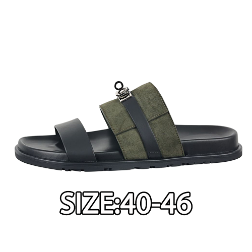 Hermès Calfskin Flat Slide Sandals Black-green
