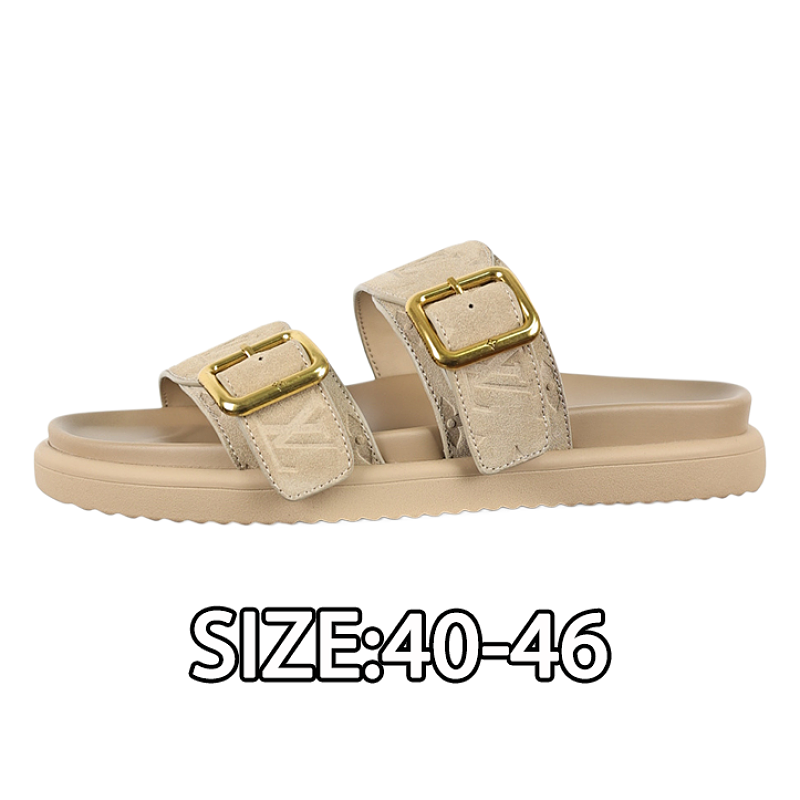 Embossed Cowhide Slide Sandals Khaki