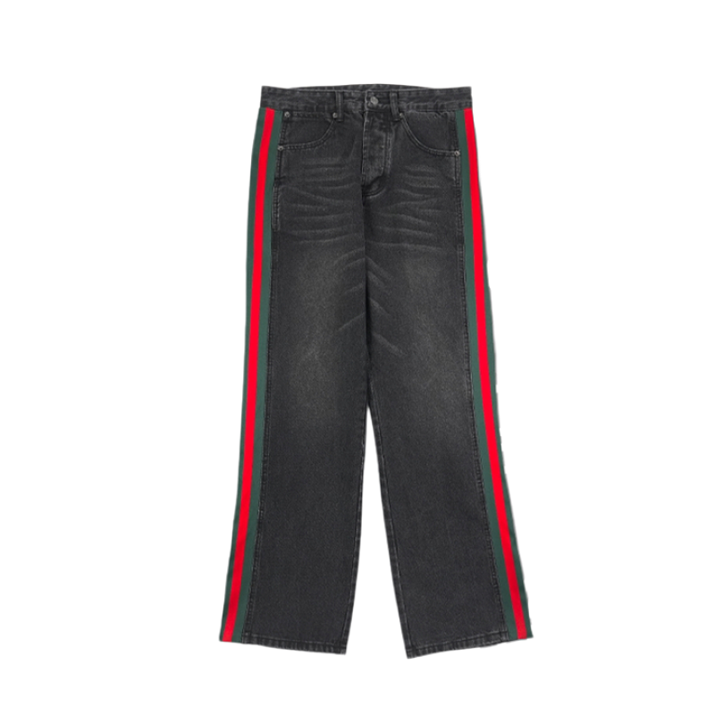Denim Pants With Red And Green Side Stripes