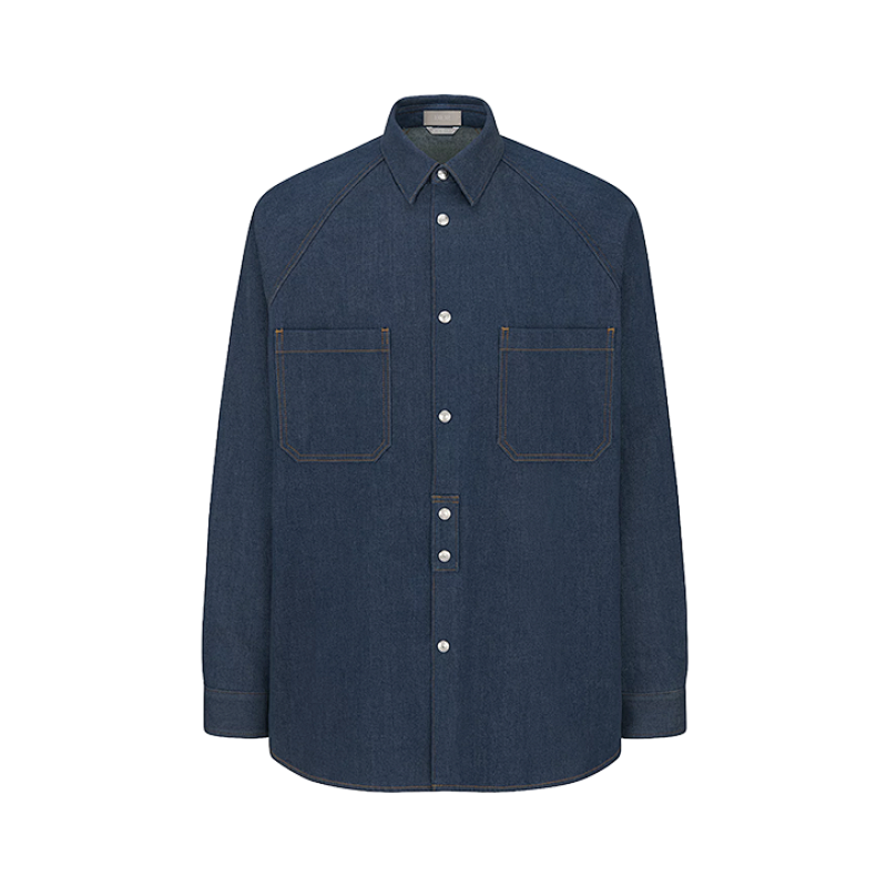 Blue Twill Denim Shirt Jacket With Leather Label