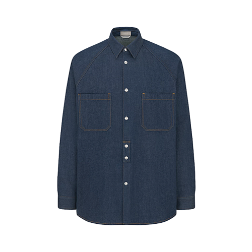 Blue Twill Denim Shirt Jacket With Leather Label