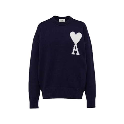 Heart Jacquard Crew Neck Sweater Dark Blue