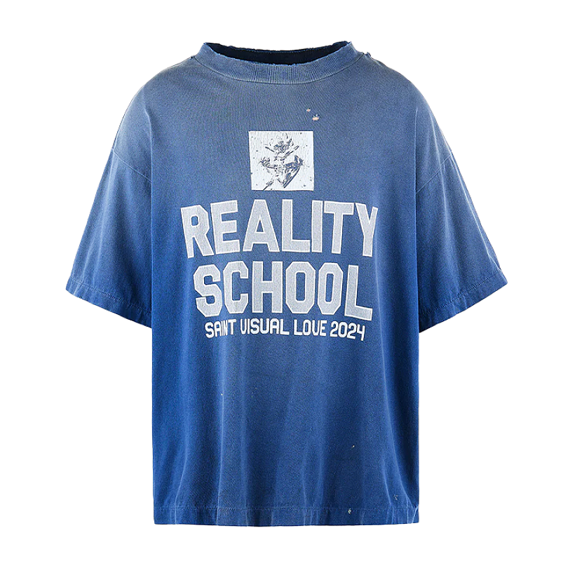 Blue Washed Vintage Slogan Print T-shirt