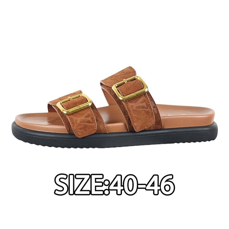 Cow Suede Embossed Buckle Round Toe Slippers Men's Coffee Color