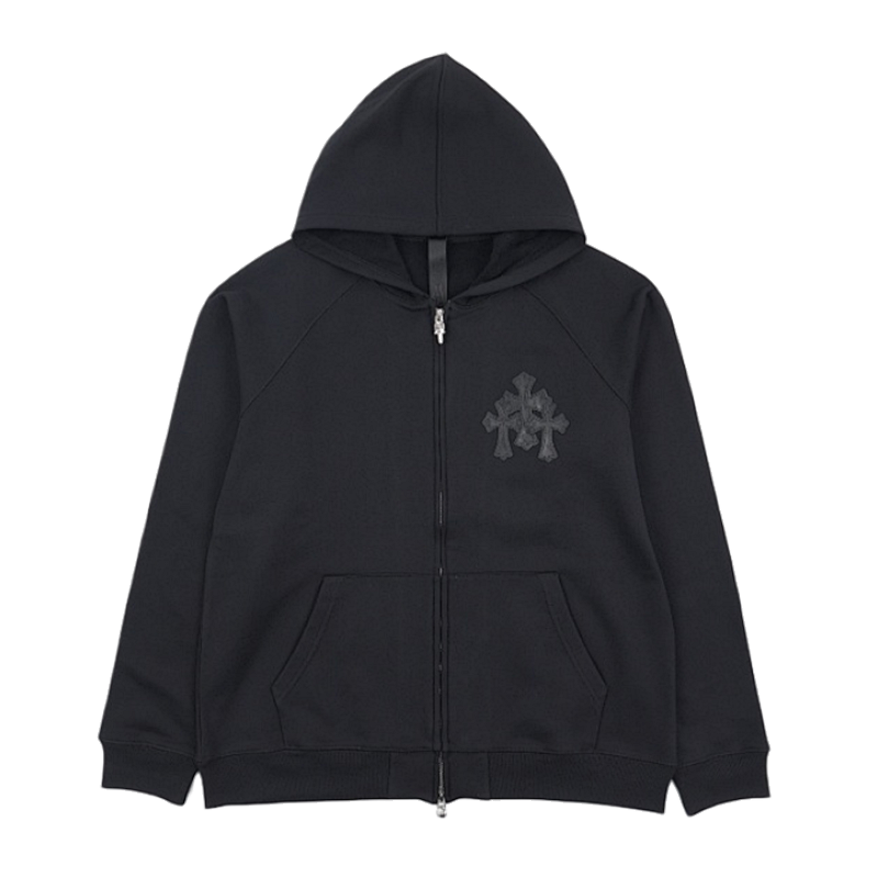 Cross-pattern Patchwork Leather Hooded Jacket