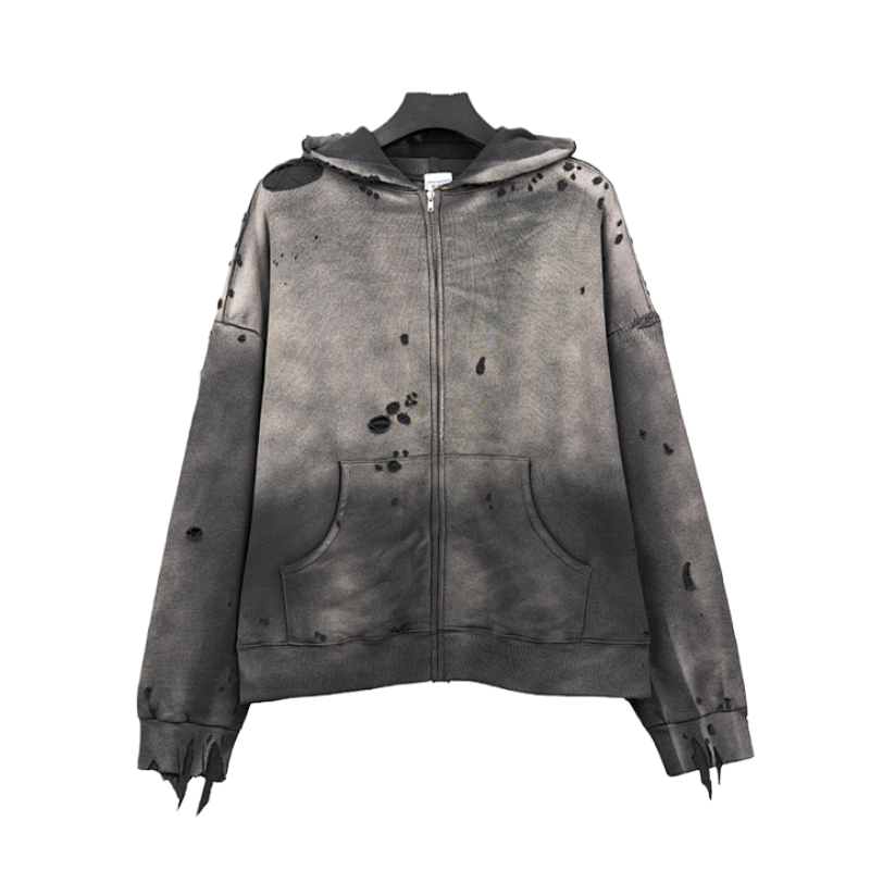 Double-layer Distressed Waffle Hoodie
