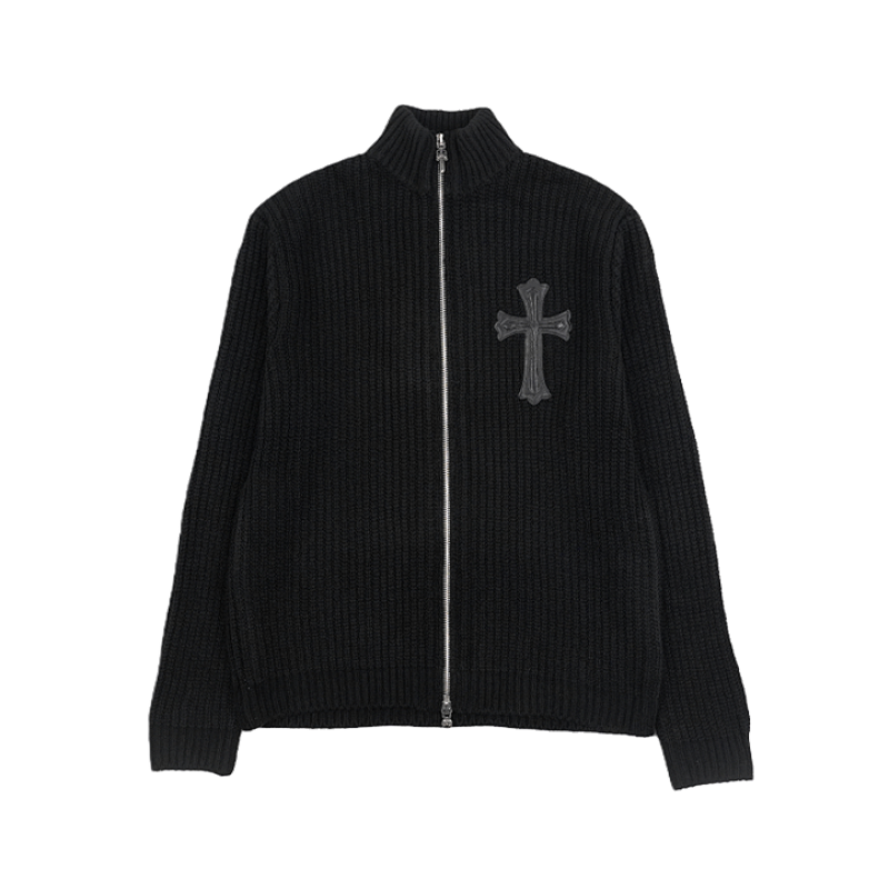 Cross-patch Leather And Silver Zip-up Wool Cardigan Jacket