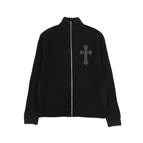 Cross-patch Leather And Silver Zip-up Wool Cardigan Jacket