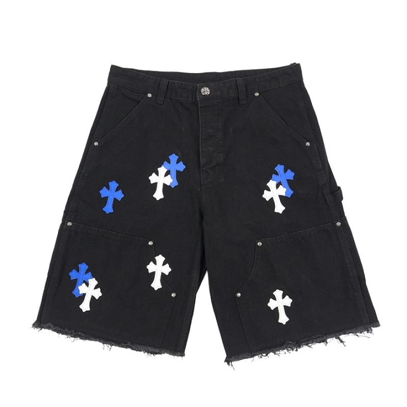 Cross Leather Patch Embroidered Workwear Denim Shorts