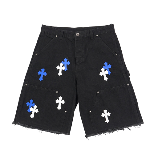 Cross Leather Patch Embroidered Workwear Denim Shorts