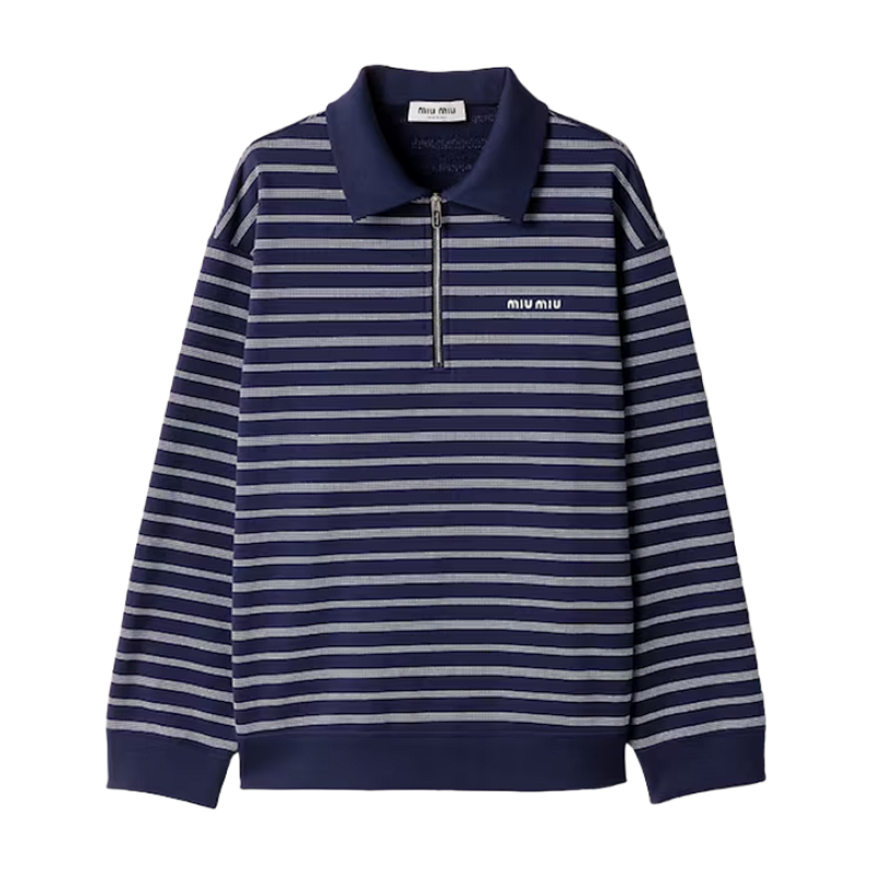 Miu Small Logo Striped Half-zip Polo Sweatshirt