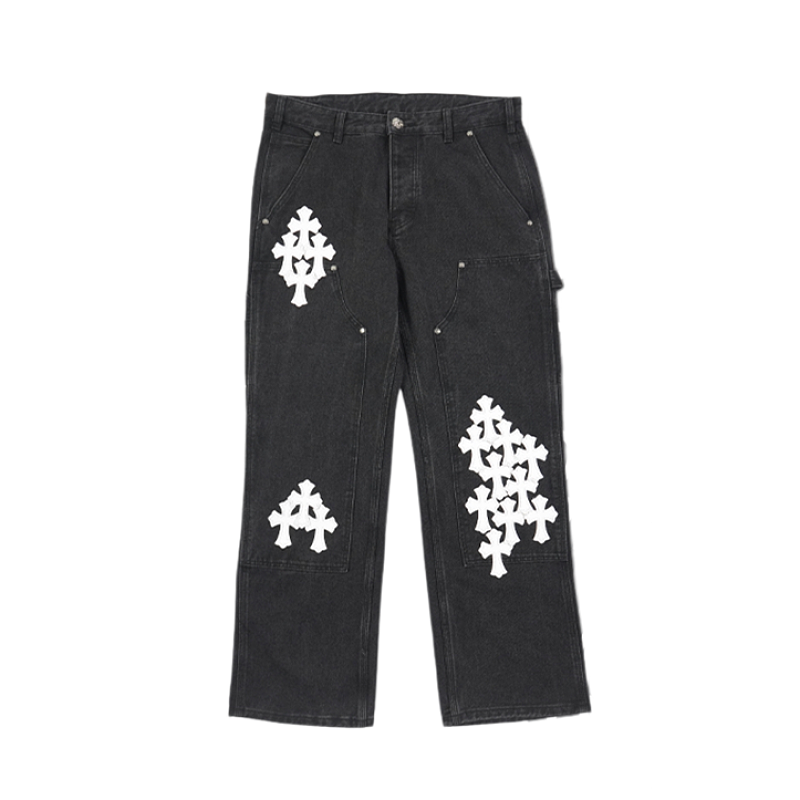 Leather-patched Cross Workwear Denim Pants