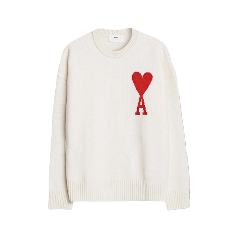 Heart Jacquard Crew Neck Sweater - Beige